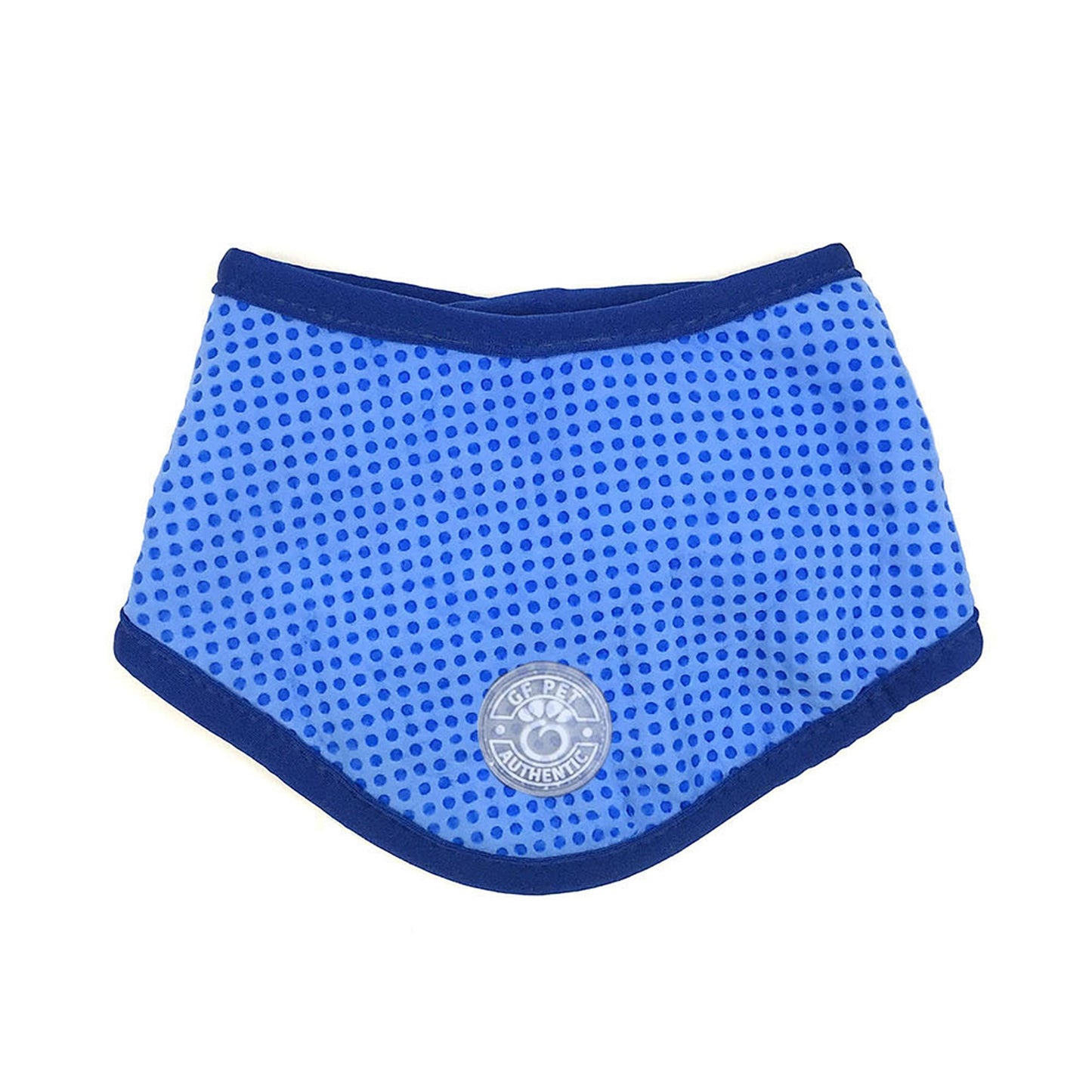 Blue pet accessory with a pattern and brand logo on a white background