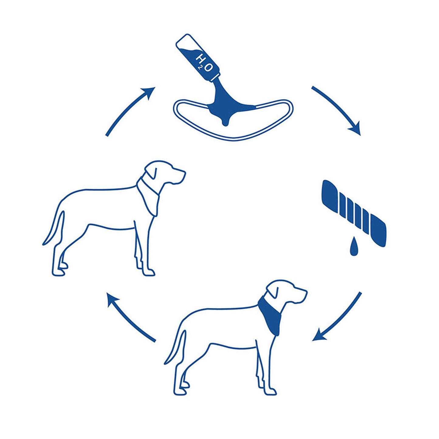 Diagram showing a dog collar with water droplet and a dog drinking from a water source.