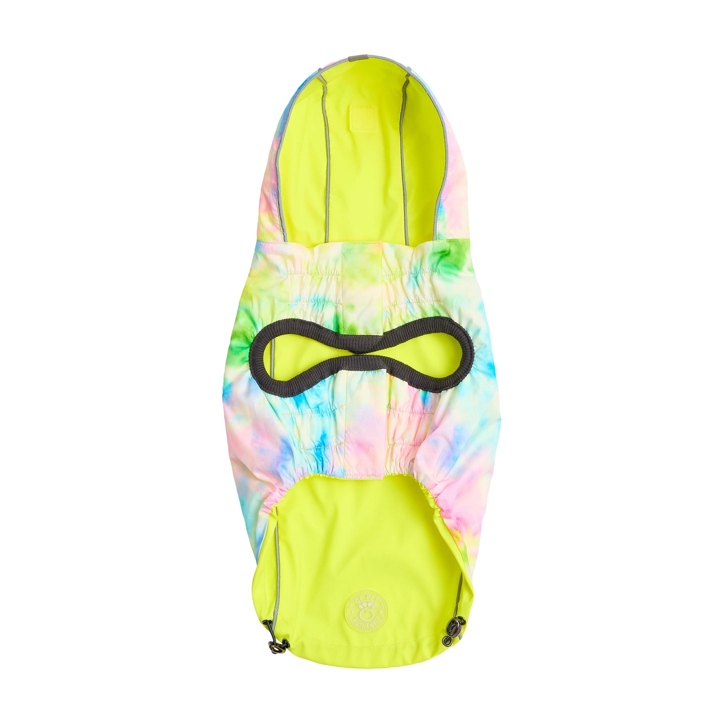 Colorful tie-dye raincoat with a hood and backpack on a white background
