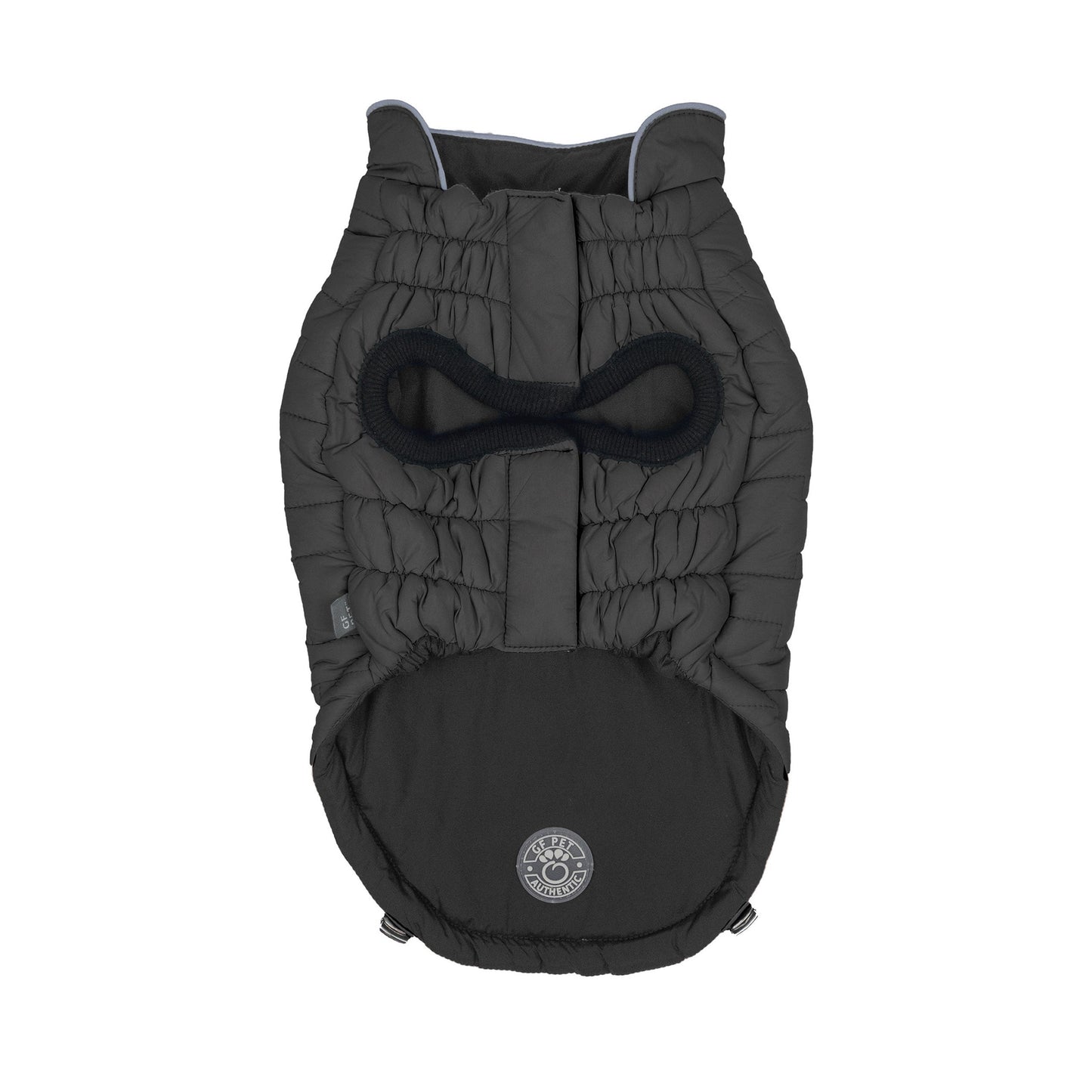 Black pet coat with a bow tie design on a white background