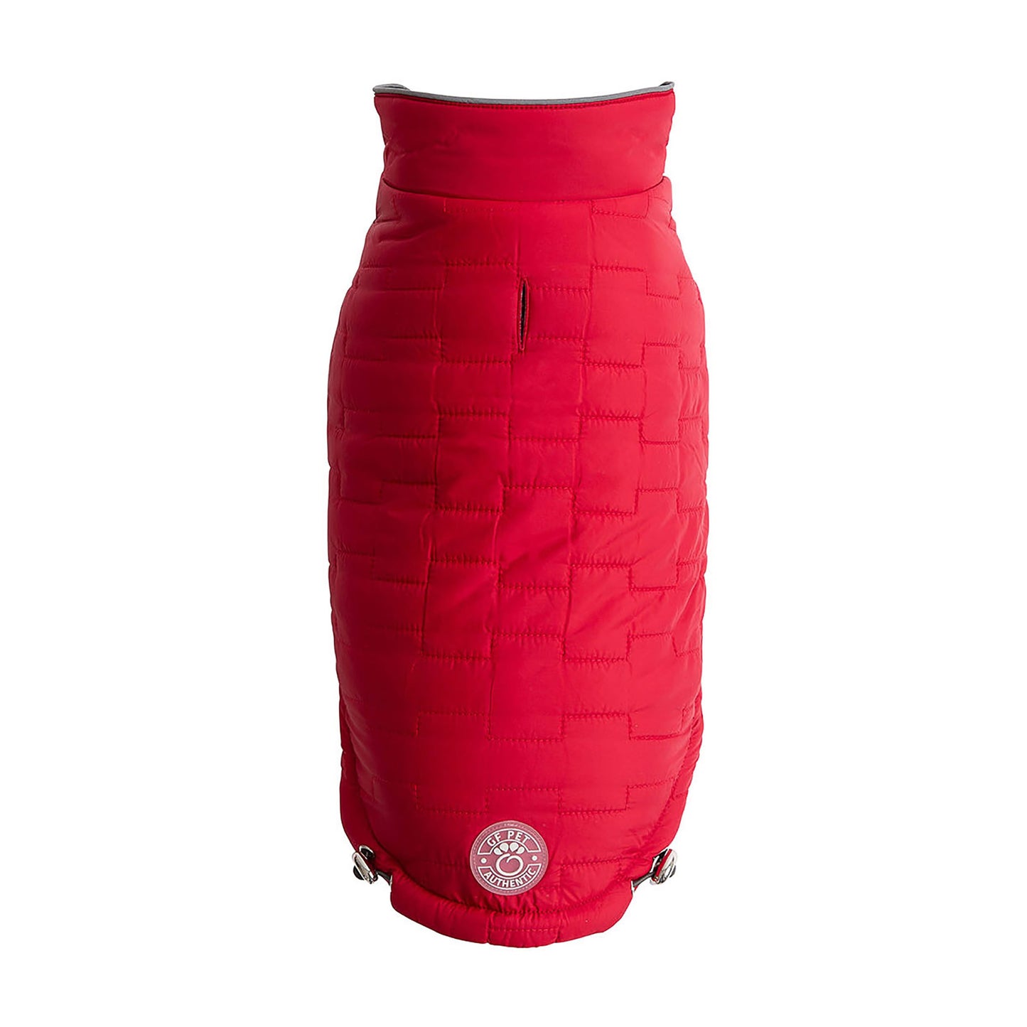 Red quilted skirt with a brand logo on a white background