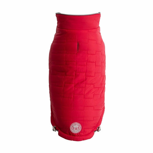 Red quilted skirt with a brand logo on a white background