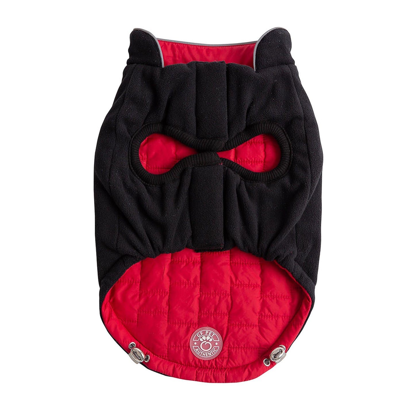 Black and red pet coat with a bow tie design on a white background