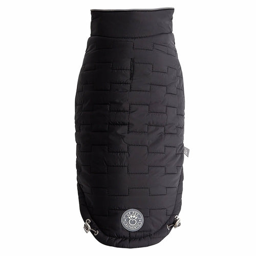 Black quilted dog coat with a brand logo on a white background