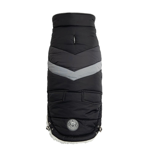 Black and gray quilted dog coat on a white background