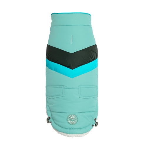 Teal and black dog coat with a visible brand logo on a white background