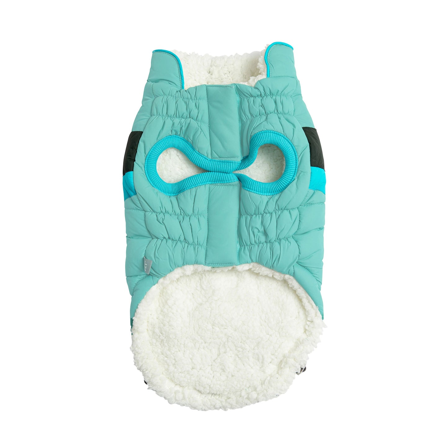 Teal and white dog coat with fleece lining on a white background