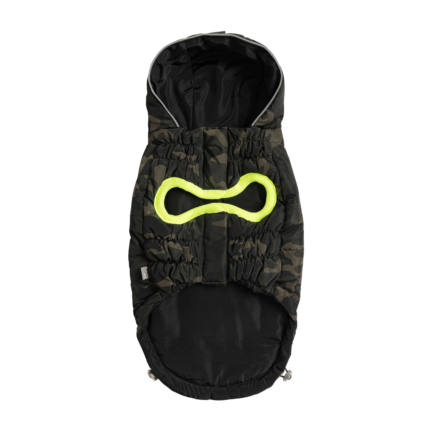 Camouflage dog coat with a bright yellow bone design on a white background