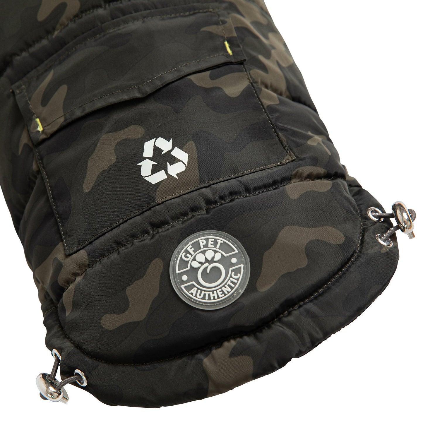 Camouflage pet jacket with a recycling symbol and 'Pet Authentic' logo on a white background