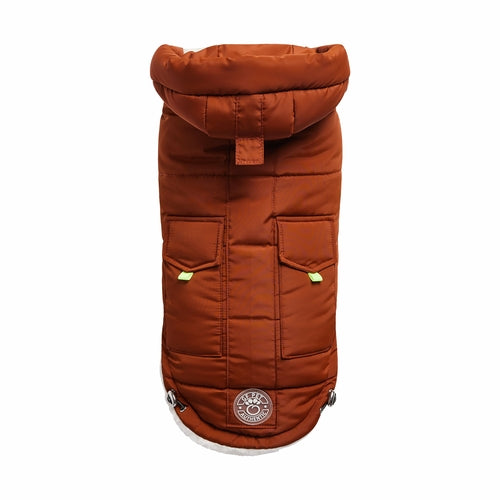 Brown dog coat with a brand logo on a white background