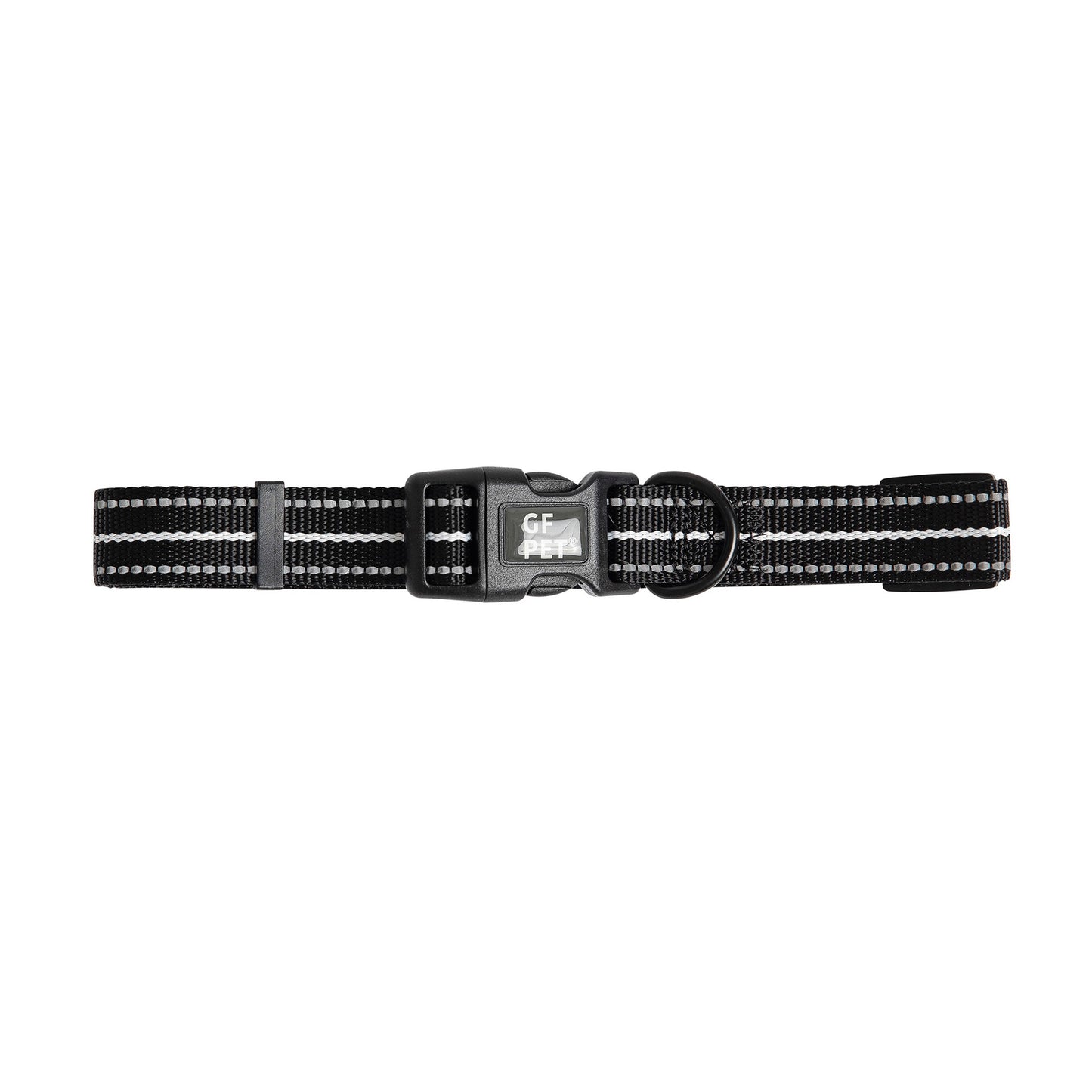 Black and white striped dog collar with a brand logo on a white background