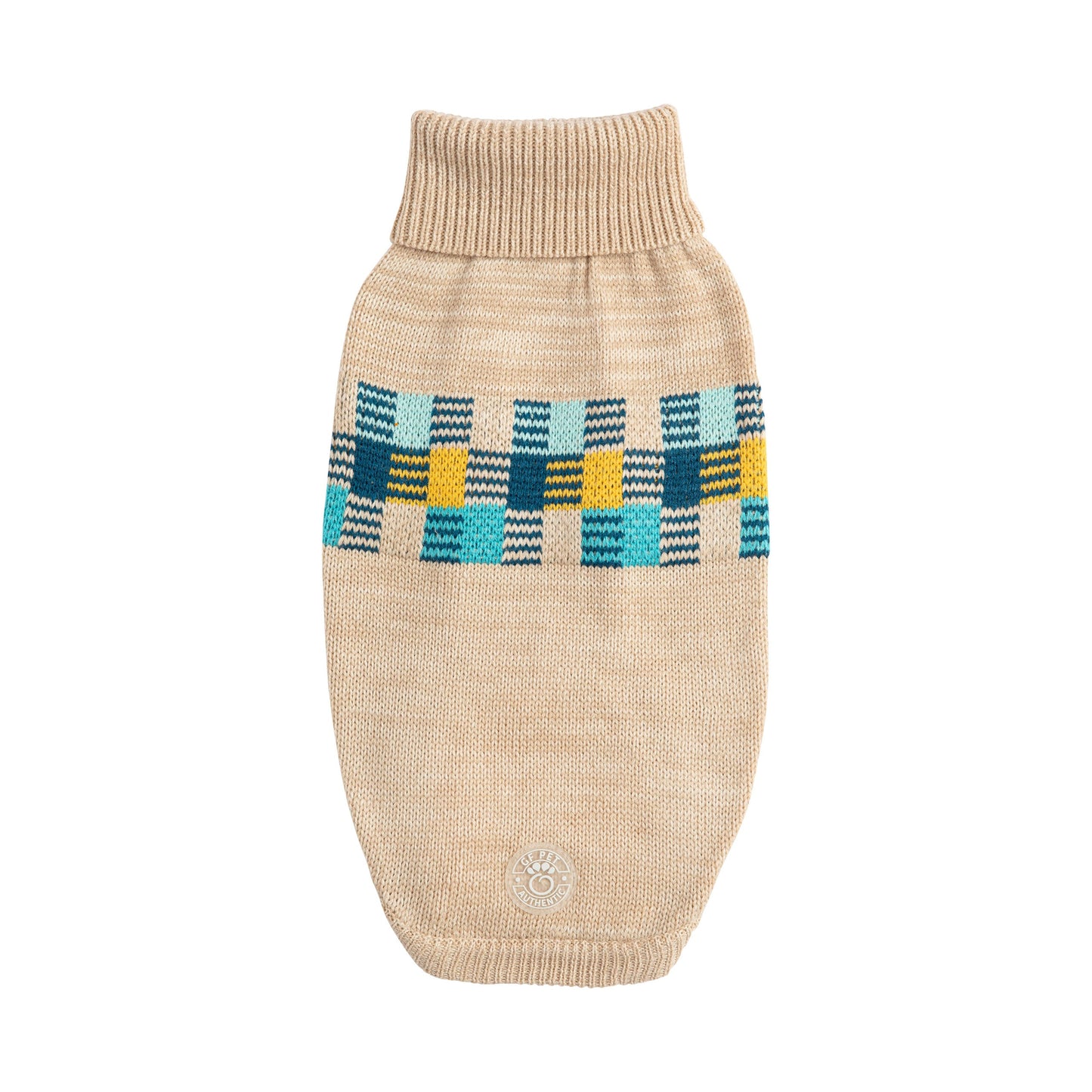 Beige dog sweater with colorful pattern on a white background
