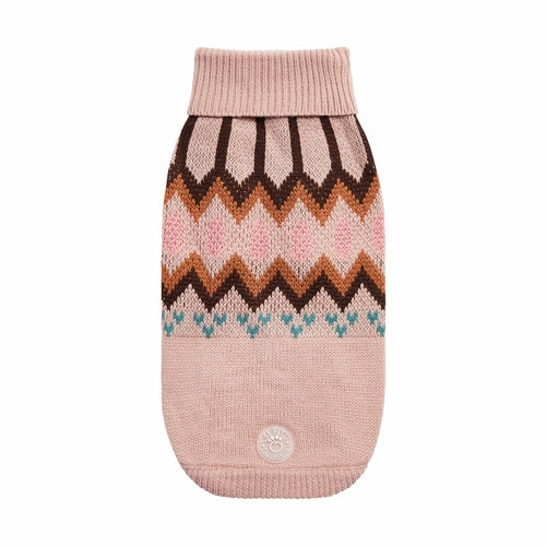 Knitted dog sweater with zigzag pattern on a white background
