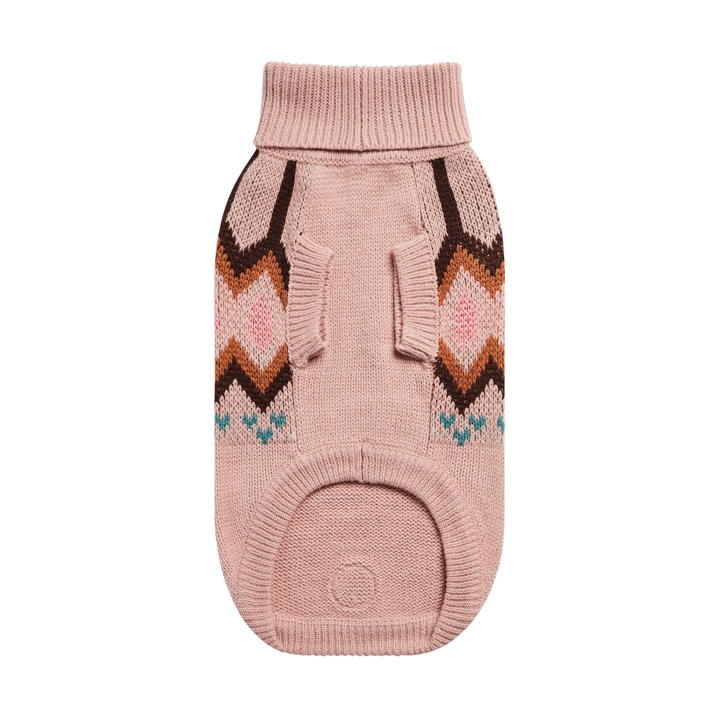 Pink knitted dog sweater with geometric pattern on a white background