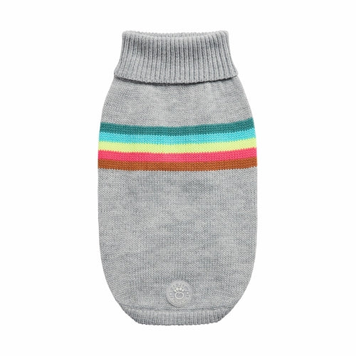 Gray knit dog sweater with colorful striped pattern on a white background