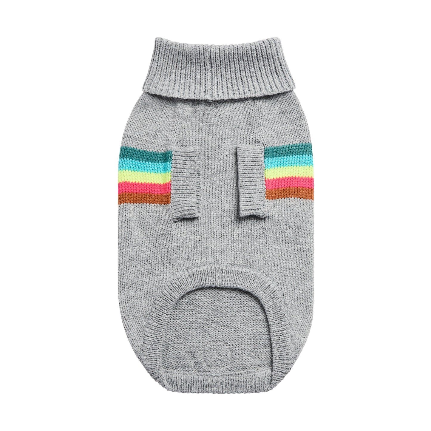 Gray dog sweater with colorful striped accents on a white background