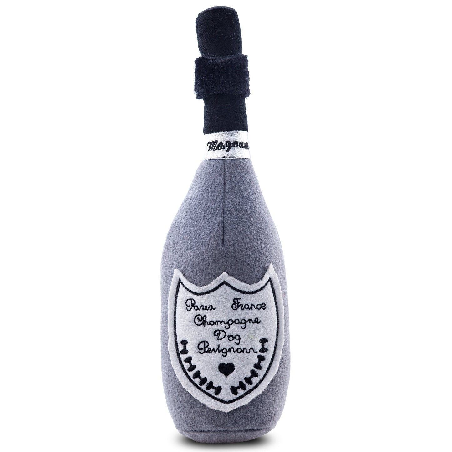 Plush toy shaped like a champagne bottle with branding on a white background