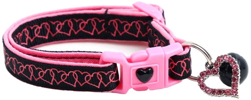 Pink and black dog collar with heart design and keychain