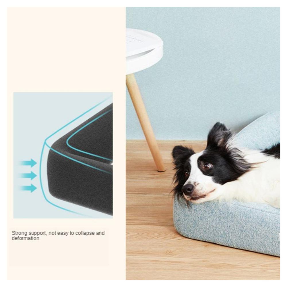 Dog lying on a cushioned pet bed with a close-up of the cushion's support structure.