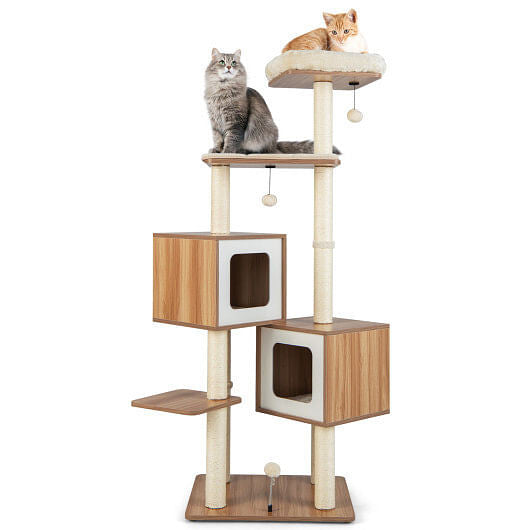 Modern Wooden Cat Tree with Perch Condos and Washable Cushions-Natural-3