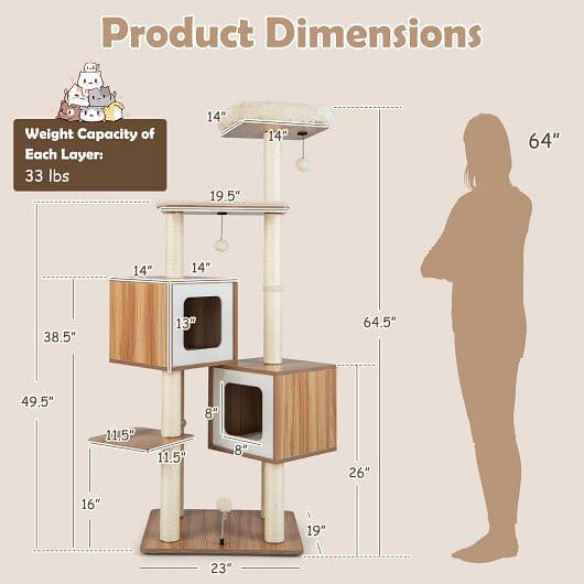Modern Wooden Cat Tree with Perch Condos and Washable Cushions-Natural-2