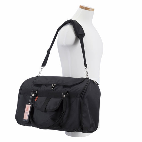 Black shoulder bag on a mannequin with a white background