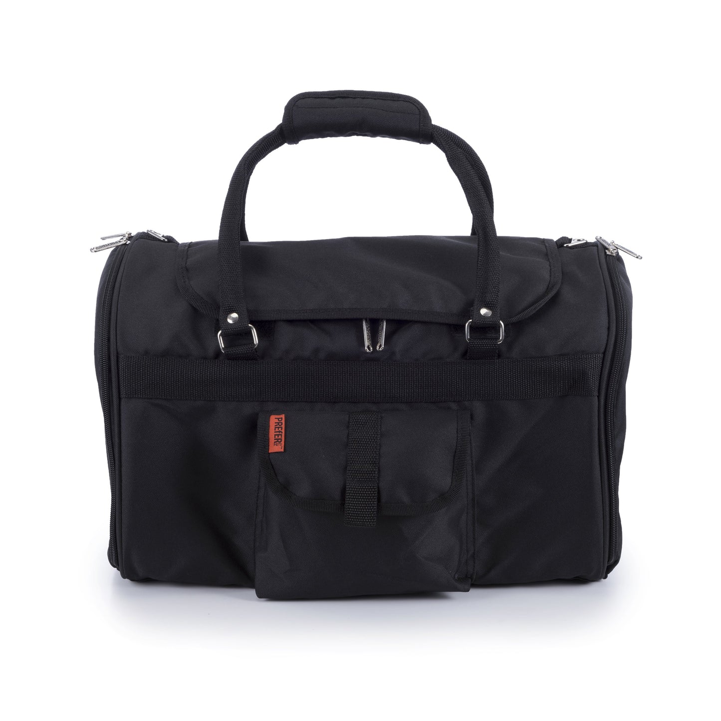 Black duffel bag with a handle on a white background