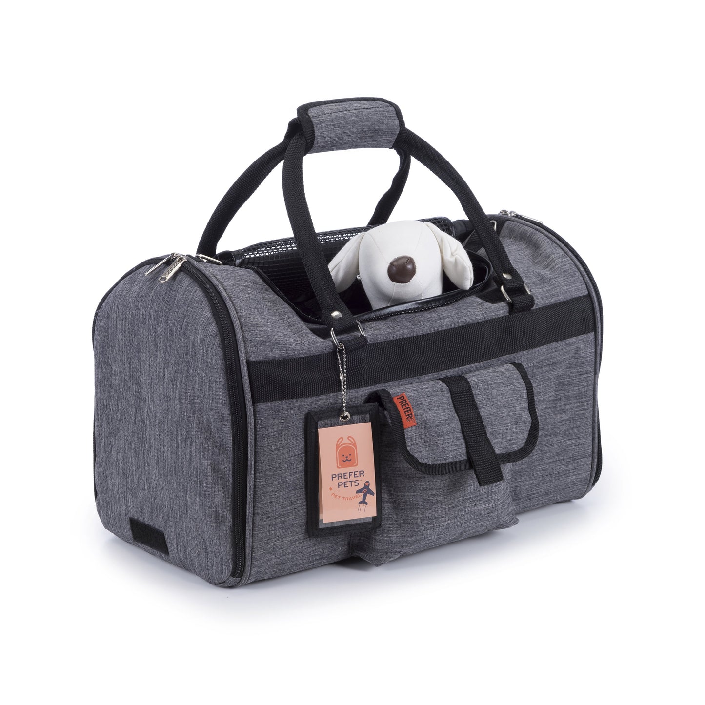 Gray pet carrier with a dog inside on a white background