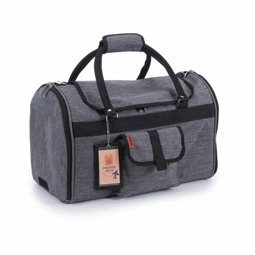 Gray pet carrier with black accents on a white background