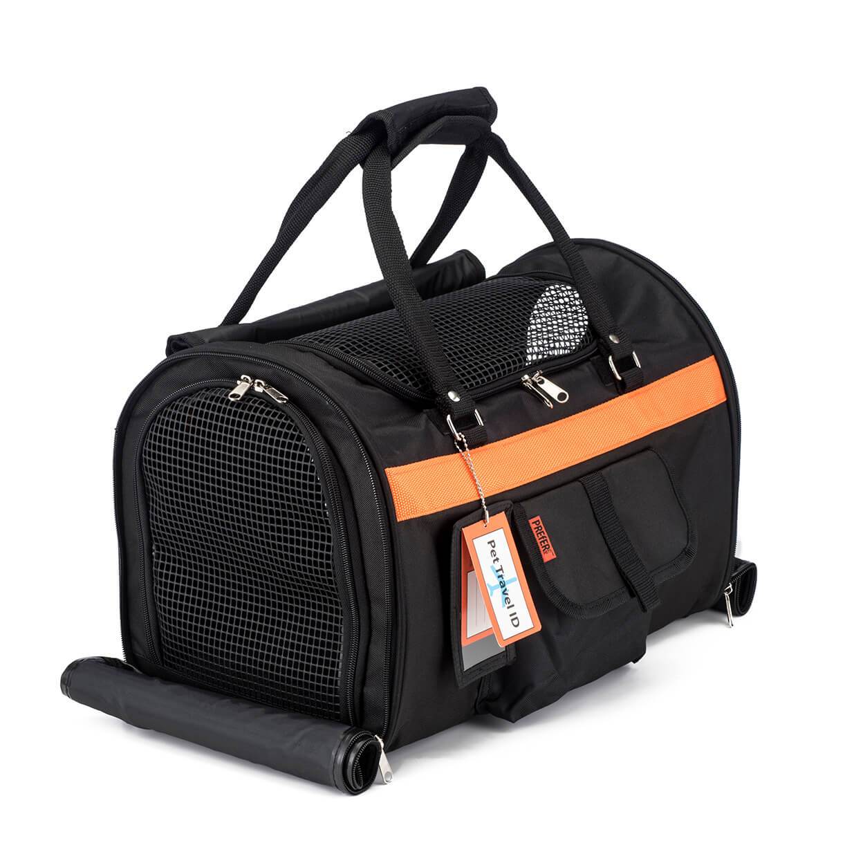 Black pet carrier with an orange stripe on a white background