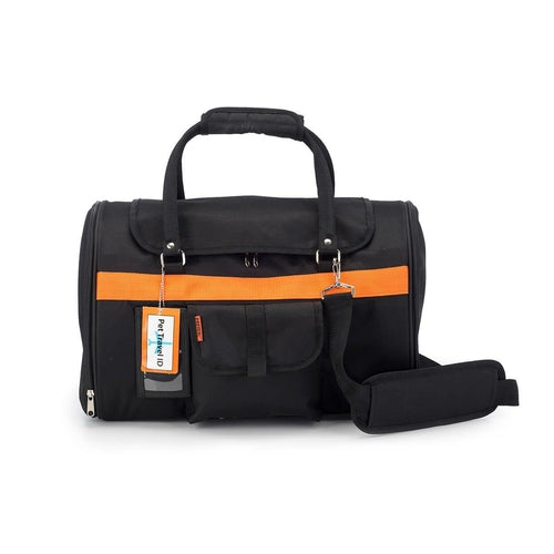 Black duffel bag with orange stripe on a white background
