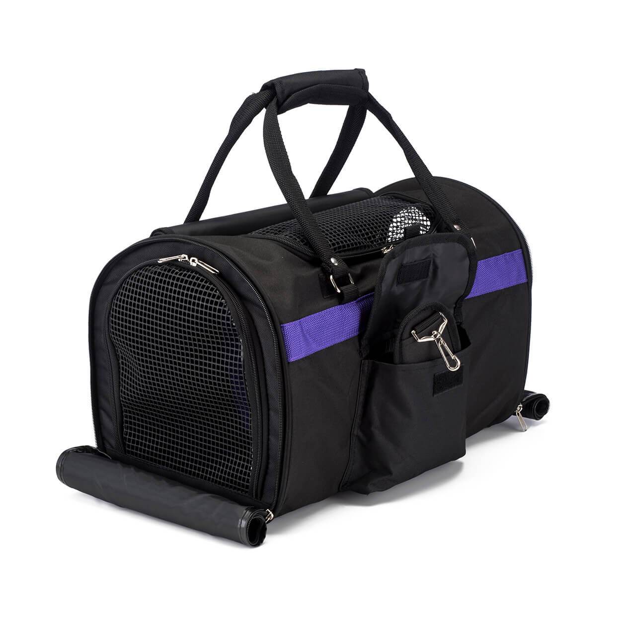 Black pet carrier with purple accents on a white background
