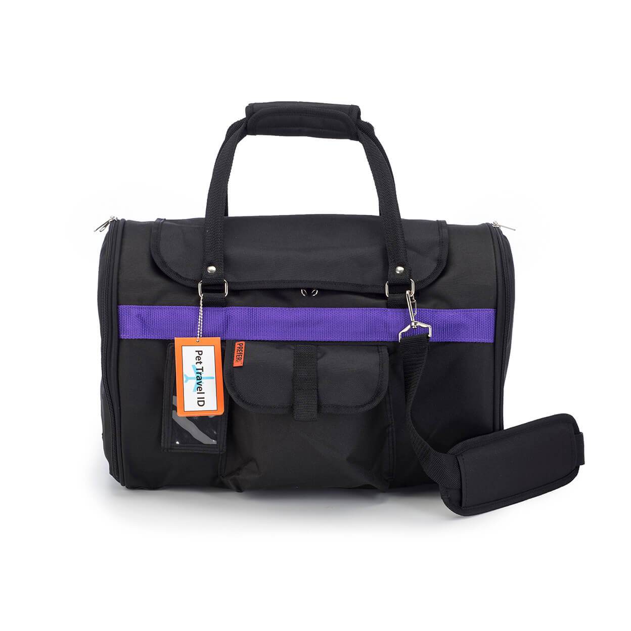 Black duffel bag with a purple strap on a white background