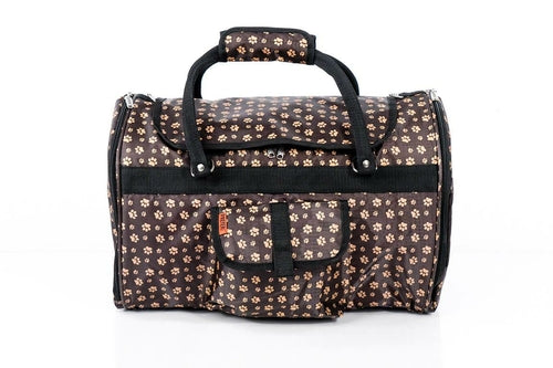 Patterned duffel bag with black handles on a white background