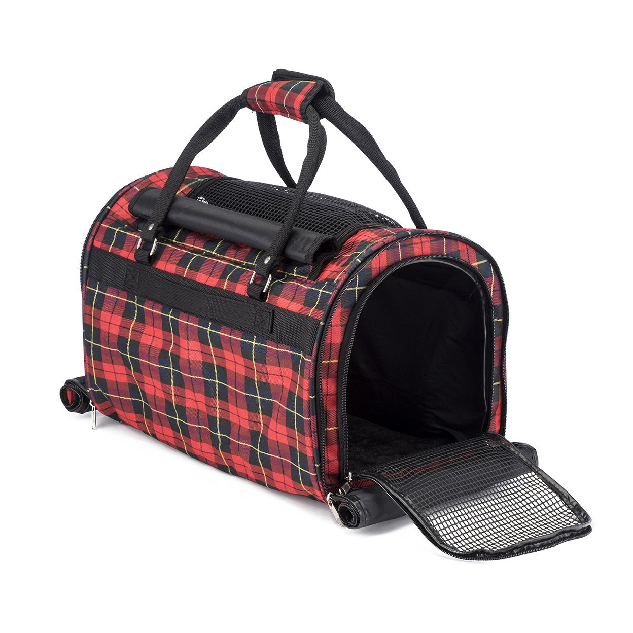 Red and black plaid pet carrier with open door on a white background