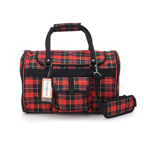 Red and black plaid duffel bag with a smaller pouch on a white background