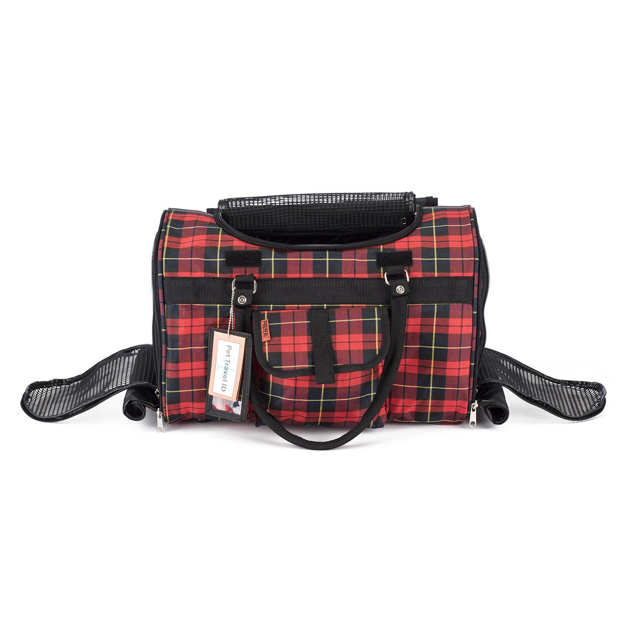 Red and black plaid pet carrier with a visible brand tag on a white background