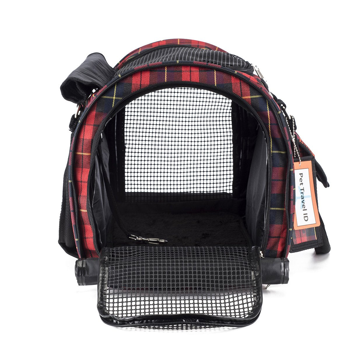 Pet carrier with plaid pattern on a white background