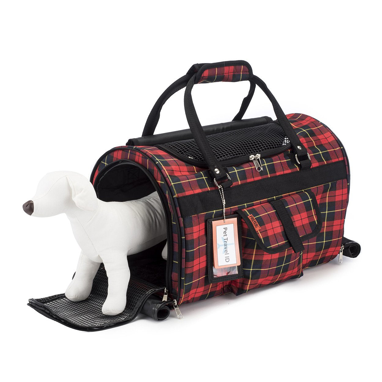Red plaid pet carrier with a white dog inside on a white background
