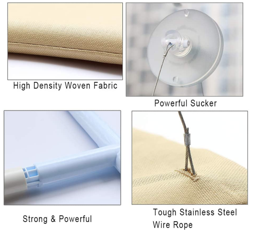Product features including high-density woven fabric, powerful sucker, strong and powerful component, and tough stainless steel wire rope.