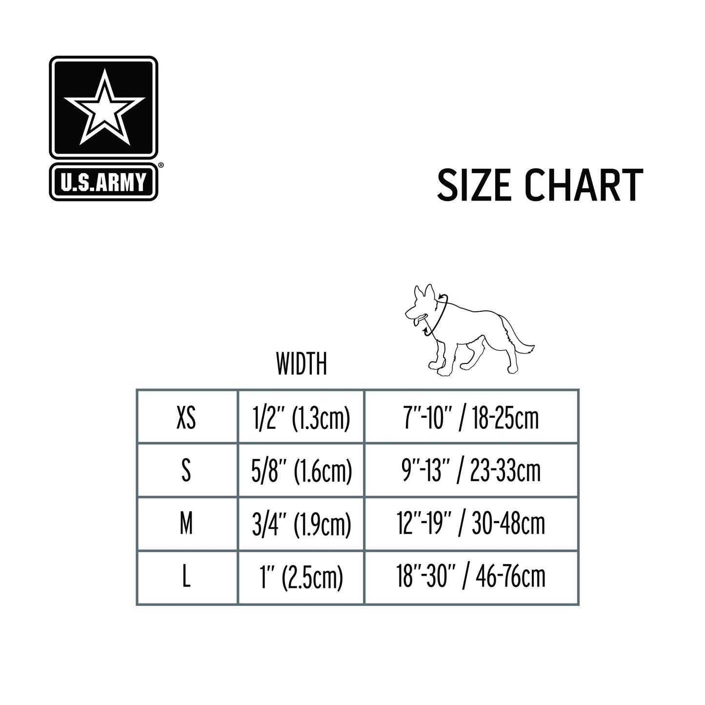 U.S. Army size chart for dog collars with measurements in width and circumference.