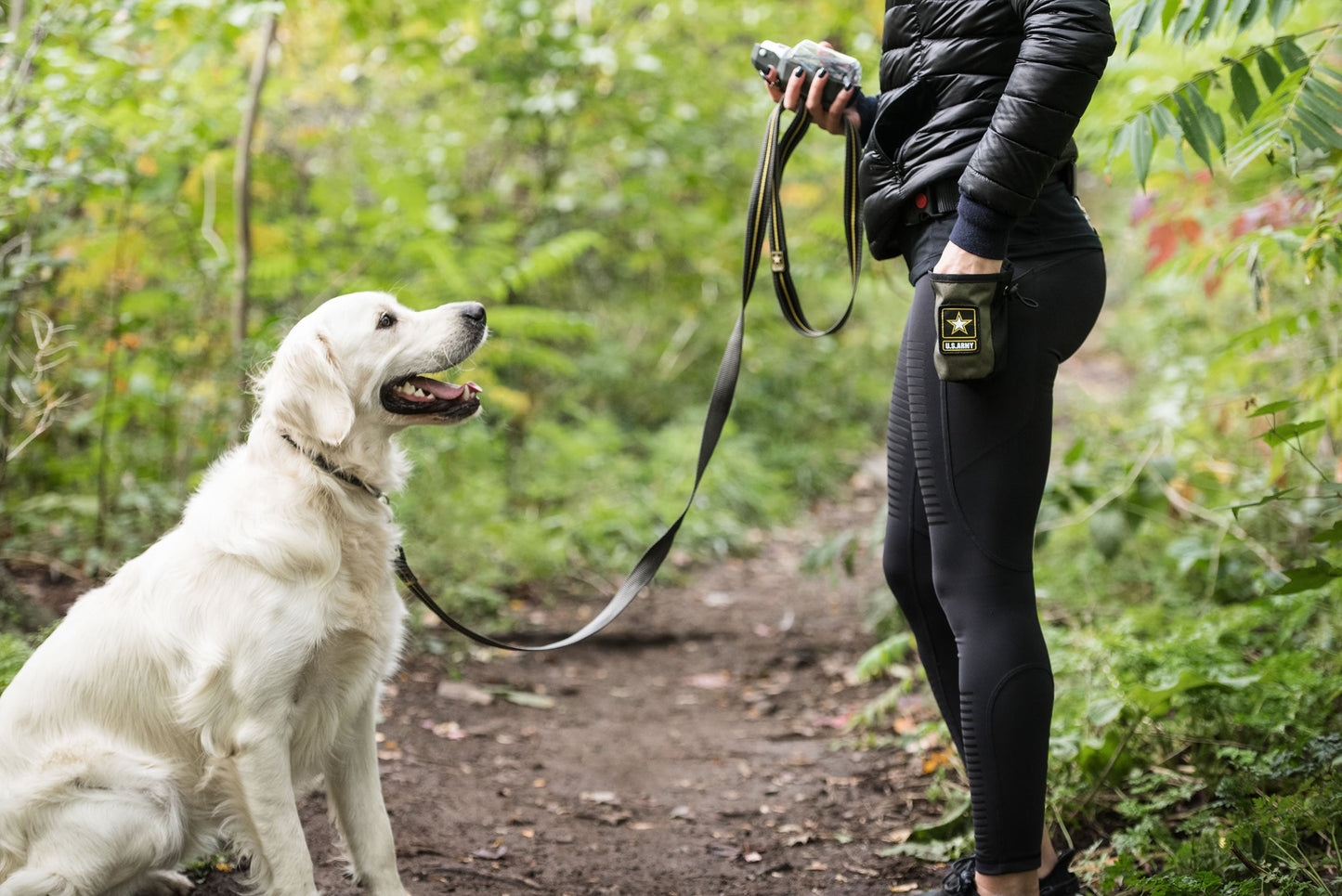 Person with a dog on a leash in a forest setting
