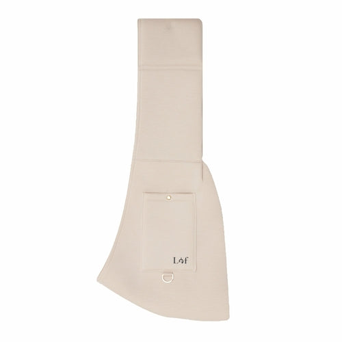 Beige apron with a pocket and 'Laf' branding on a white background