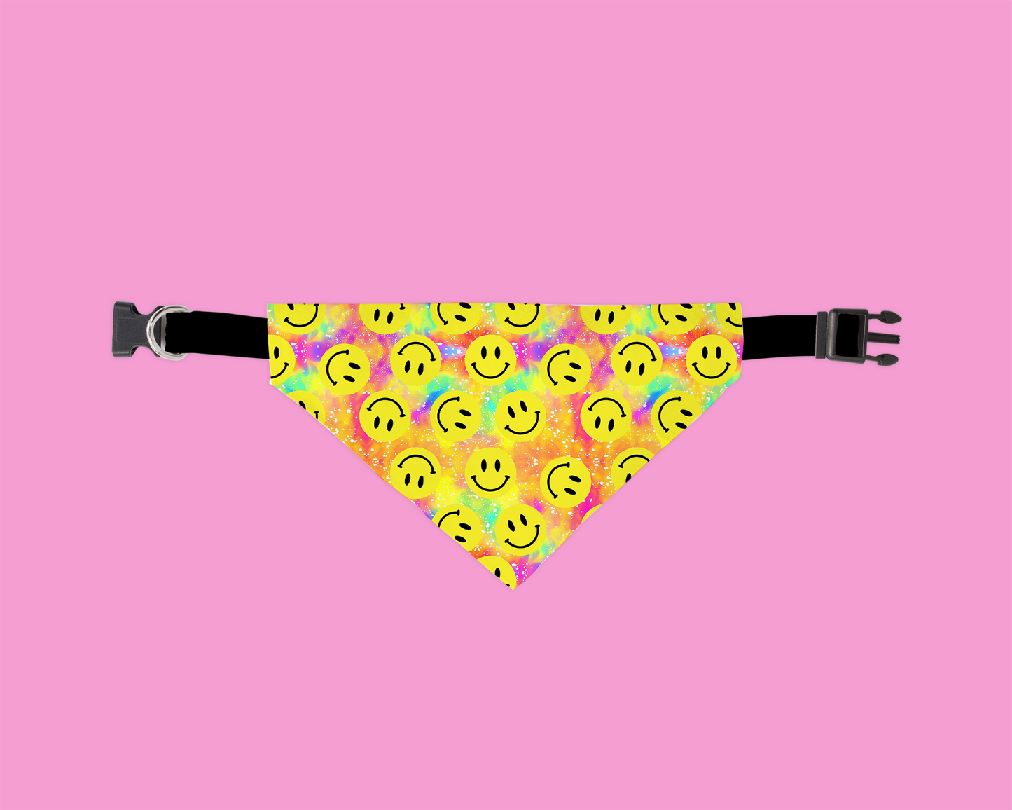 Dog bandana with smiley face pattern on a pink background