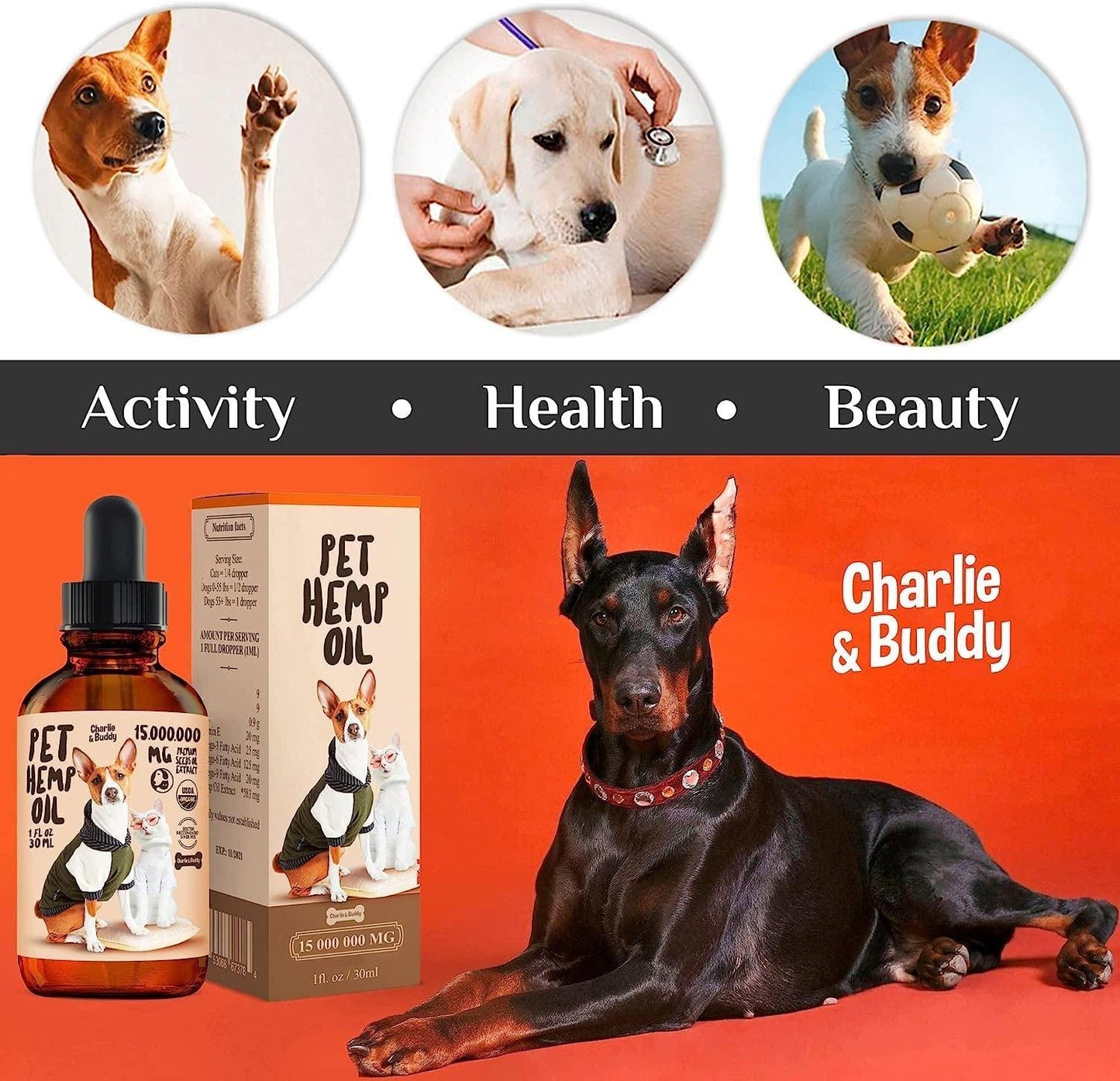 Pet hemp oil product with a dog on an orange background, featuring 'Charlie & Buddy' brand.