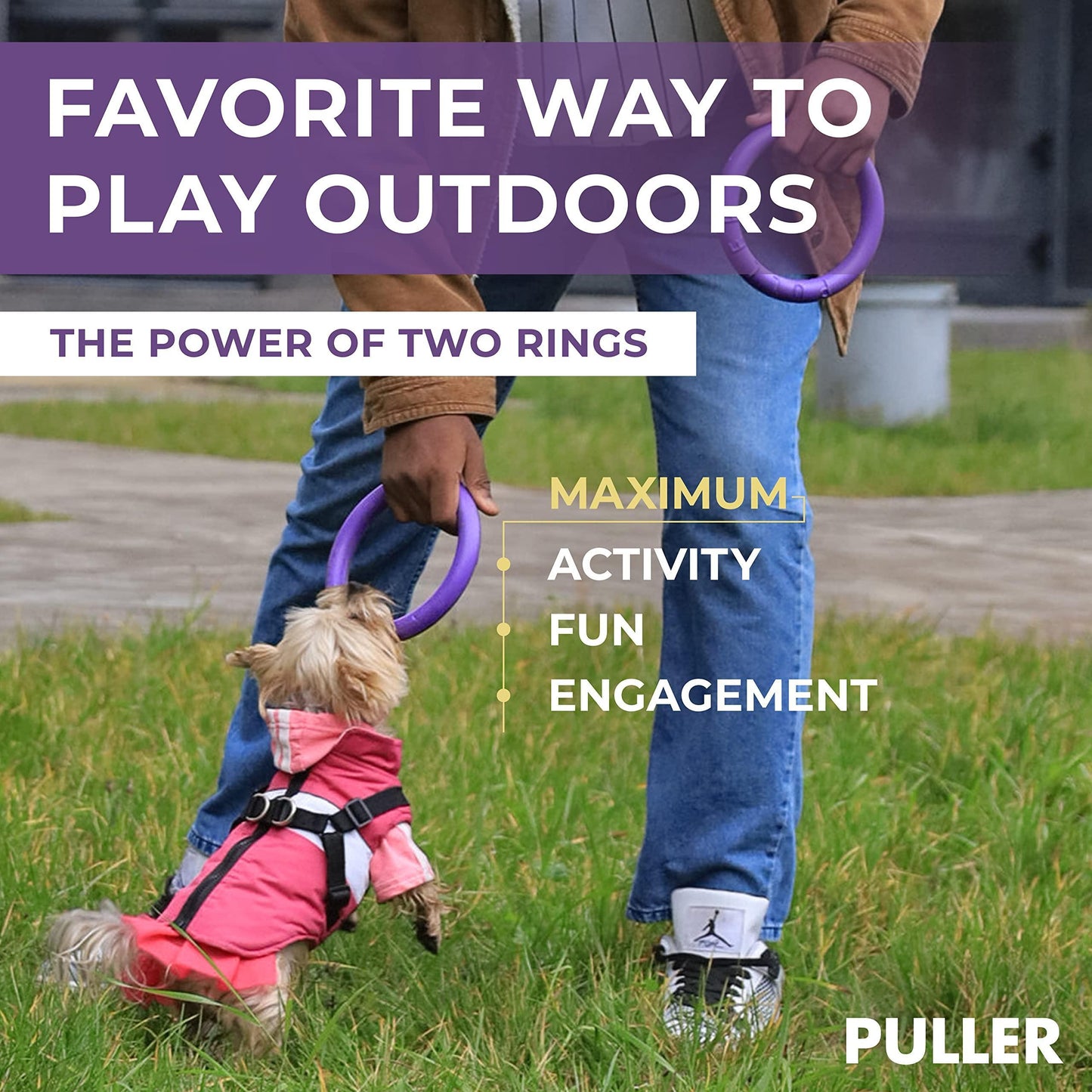 Person walking a dog on a leash with text about outdoor play and activity.