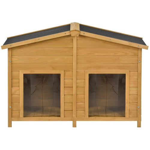 Wooden pet house with a gabled roof on a white background