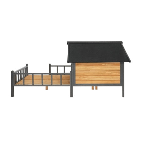 Dog house with wooden panel and metal frame on a white background