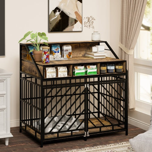 Futuristic dog crate with wooden top and metal frame in a home setting
