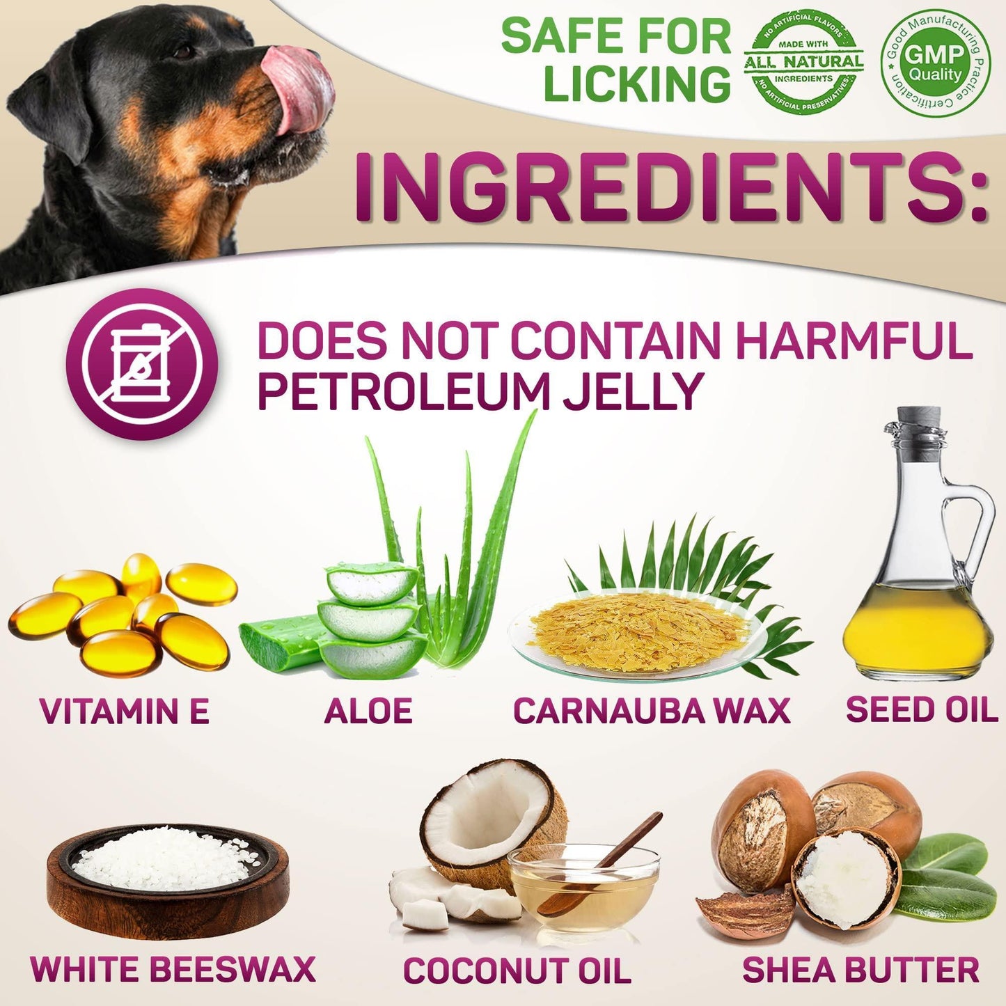 Dog balm product with ingredients listed and a dog licking its paw.